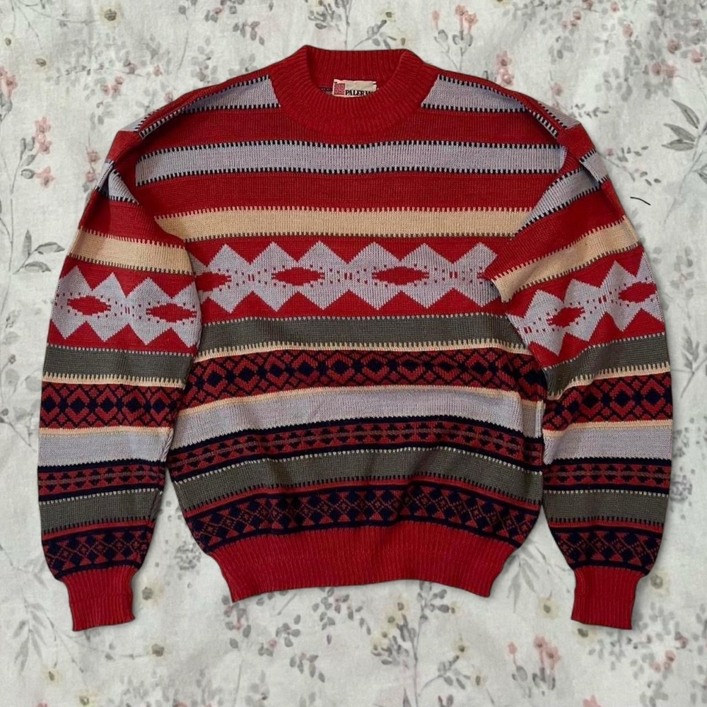 Vintage 80s Mock Neck Fair Isle Sweater Palermo Boxy Striped Red Holiday